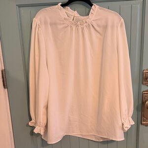 Ruffled Neck Cream Long-Sleeve Blouse